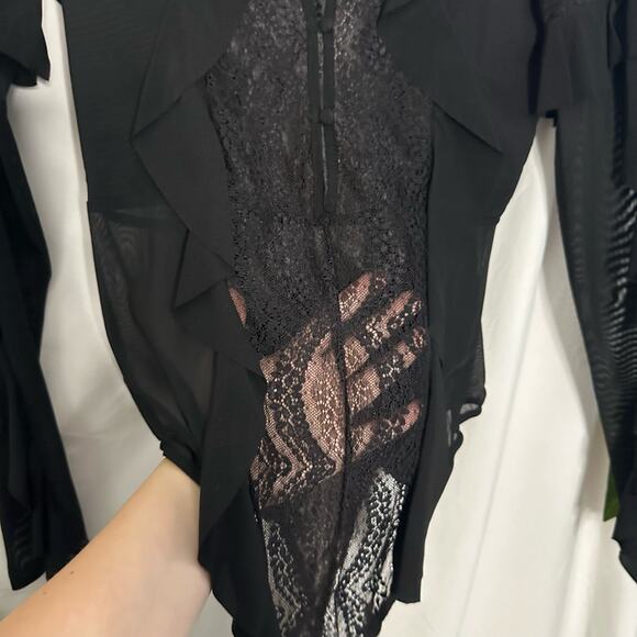 Skivvies for Love & Lemons Eva Lace Ruffle Thong Bodysuit Black Size Medium - Picture 7 of 11